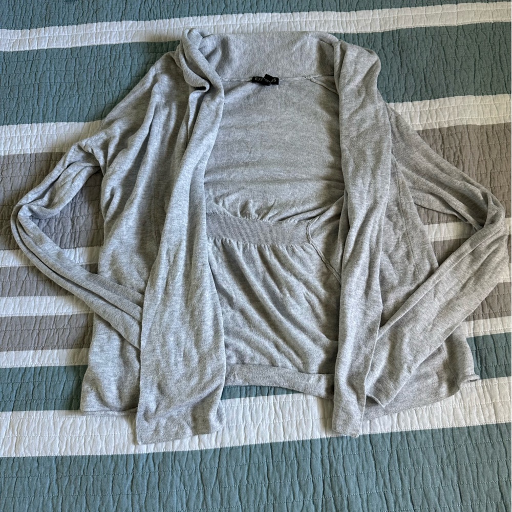 Express Y2K Cotton Open Cardigan Sweater Light Gray S Small